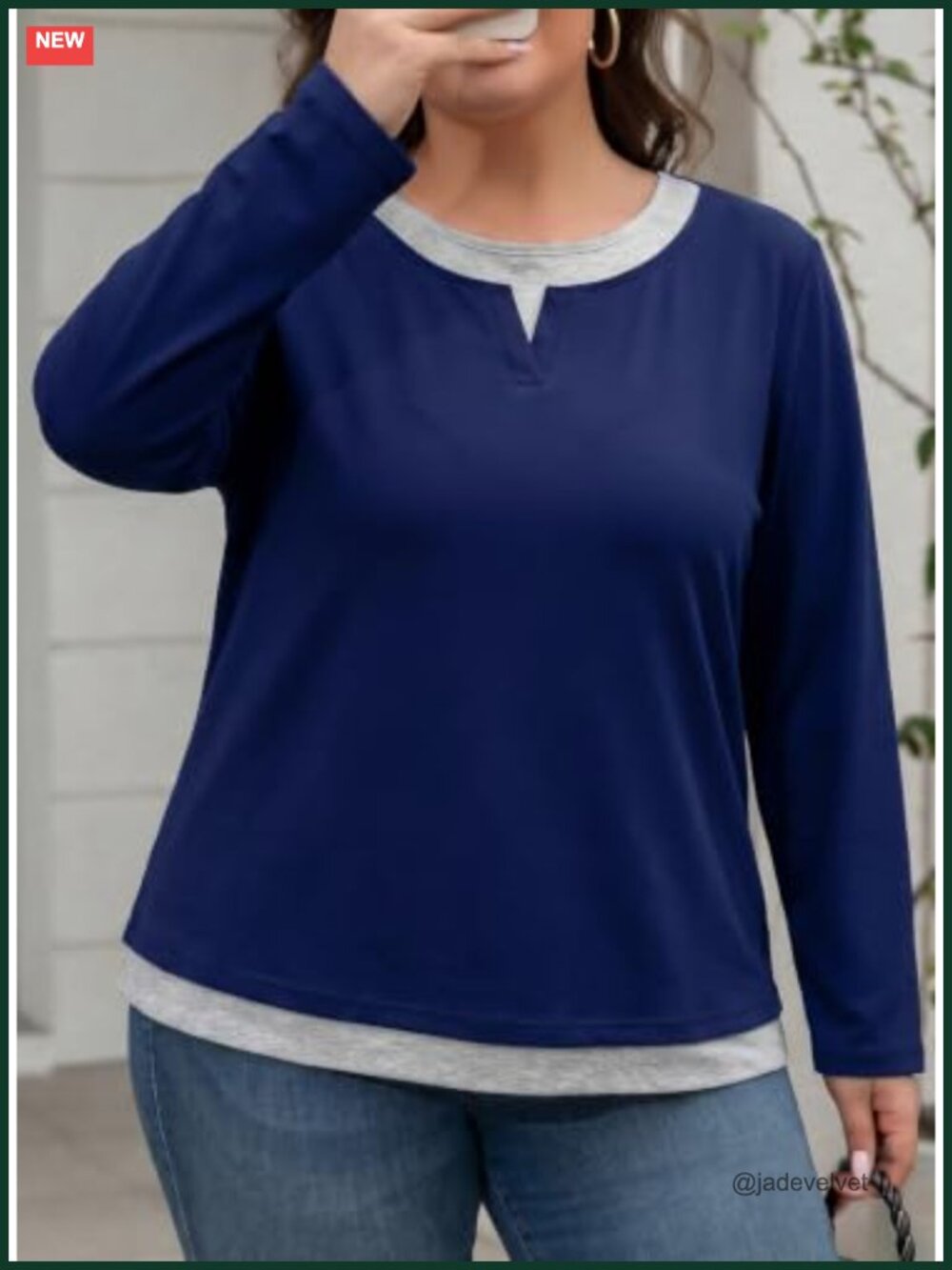 Plus Size Long Sleeve Crewneck Color Block Patchwork Top 1X-5X - Picture 3 of 6
